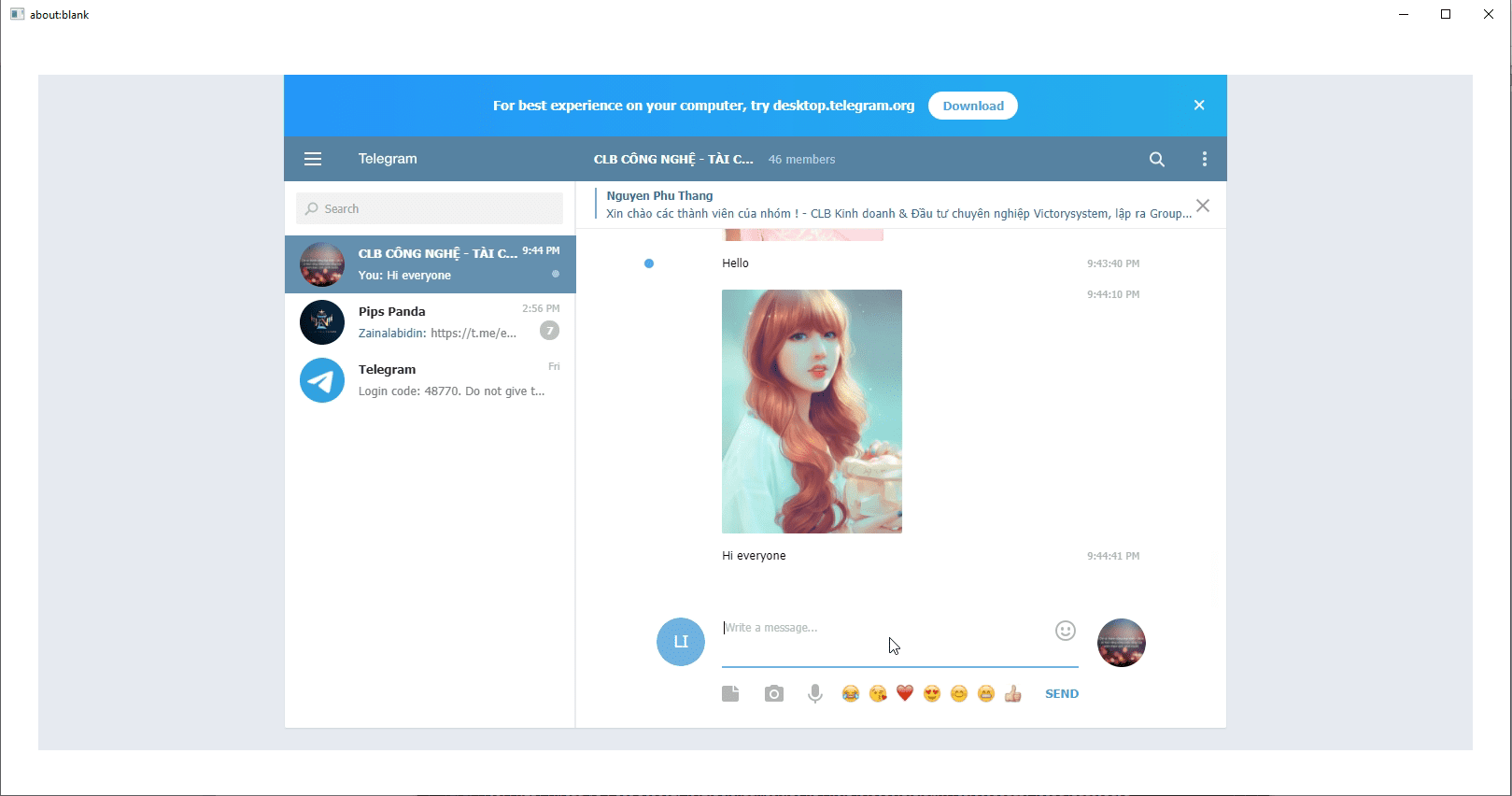 Kết quả chạy chức năng Post Group của phần mềm Telegram