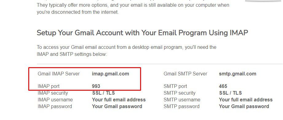 Imap Server và Imap Port của Gmail