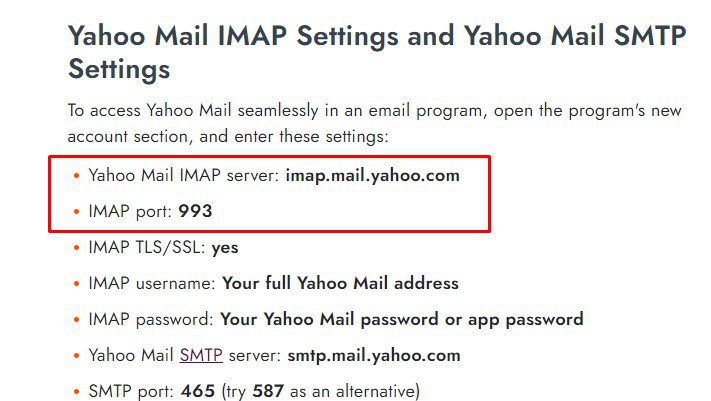 Imap server và Imap Port của Yahoo