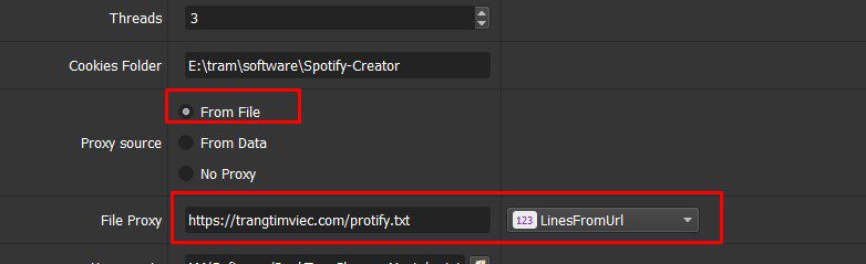Dán địa chỉ thuê proxy của bạn vào mục File Proxy - Phần mềm tạo tài khoản Spotify