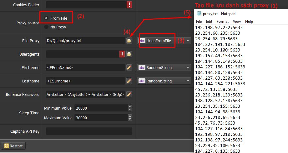 Tạo và dẫn file proxy vào phần mềm tạo tài khoản Behance