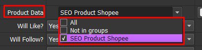 Chọn nhóm dữ liệu cần chạy - SEO Shopee tool