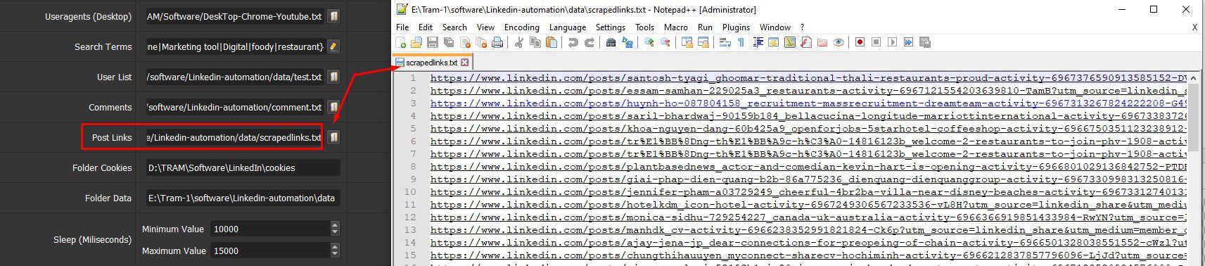 Dẫn tới file lưu link bài đăng muốn bình luận - Phần mềm LinkedIn Automation