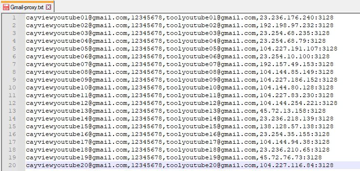 Danh sách Gmail - Phần mềm cày view Youtube