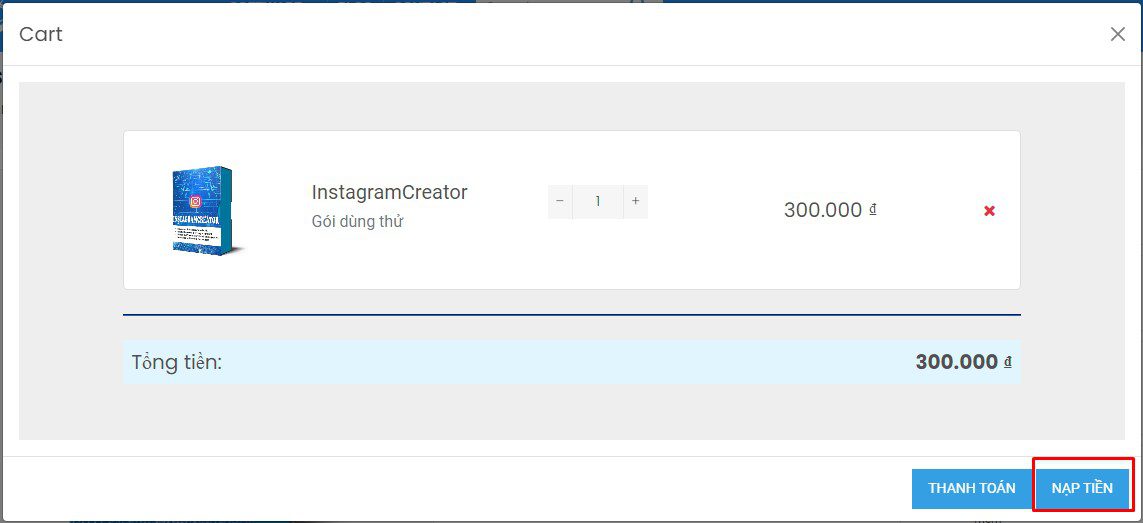 Nhấn nạp tiền để mua tool InstagramCreator