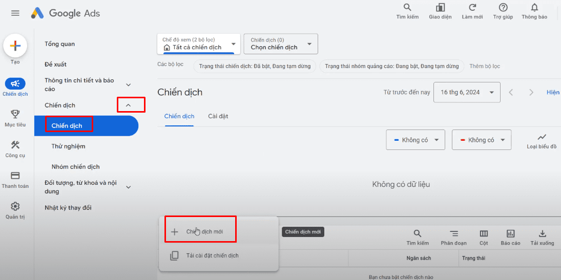 Bước 1 tạo chiến dịch quảng cáo google Ads