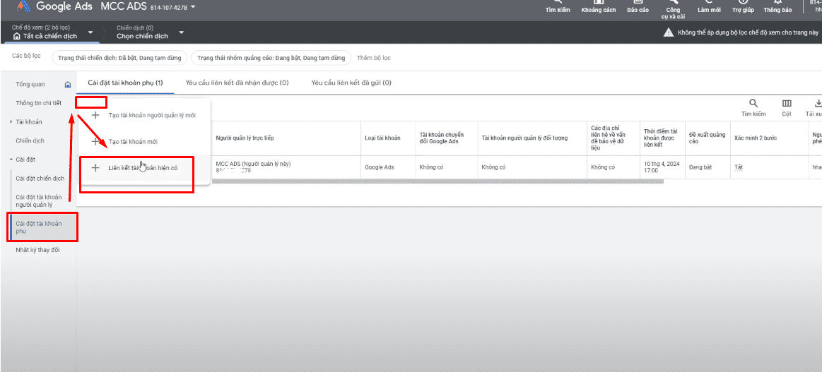 Cách 2: Liên Kết Google Ads Cá Nhân Với Tài Khoản Người Quản Lý