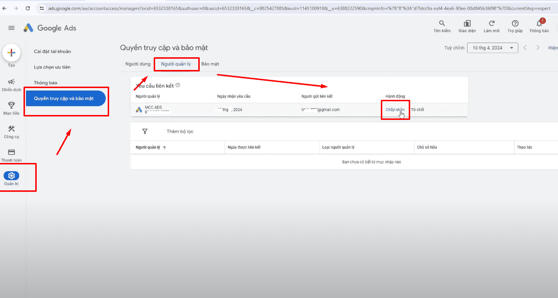 Bước 4: Liên Kết Google Ads Cá Nhân Với Tài Khoản Người Quản Lý