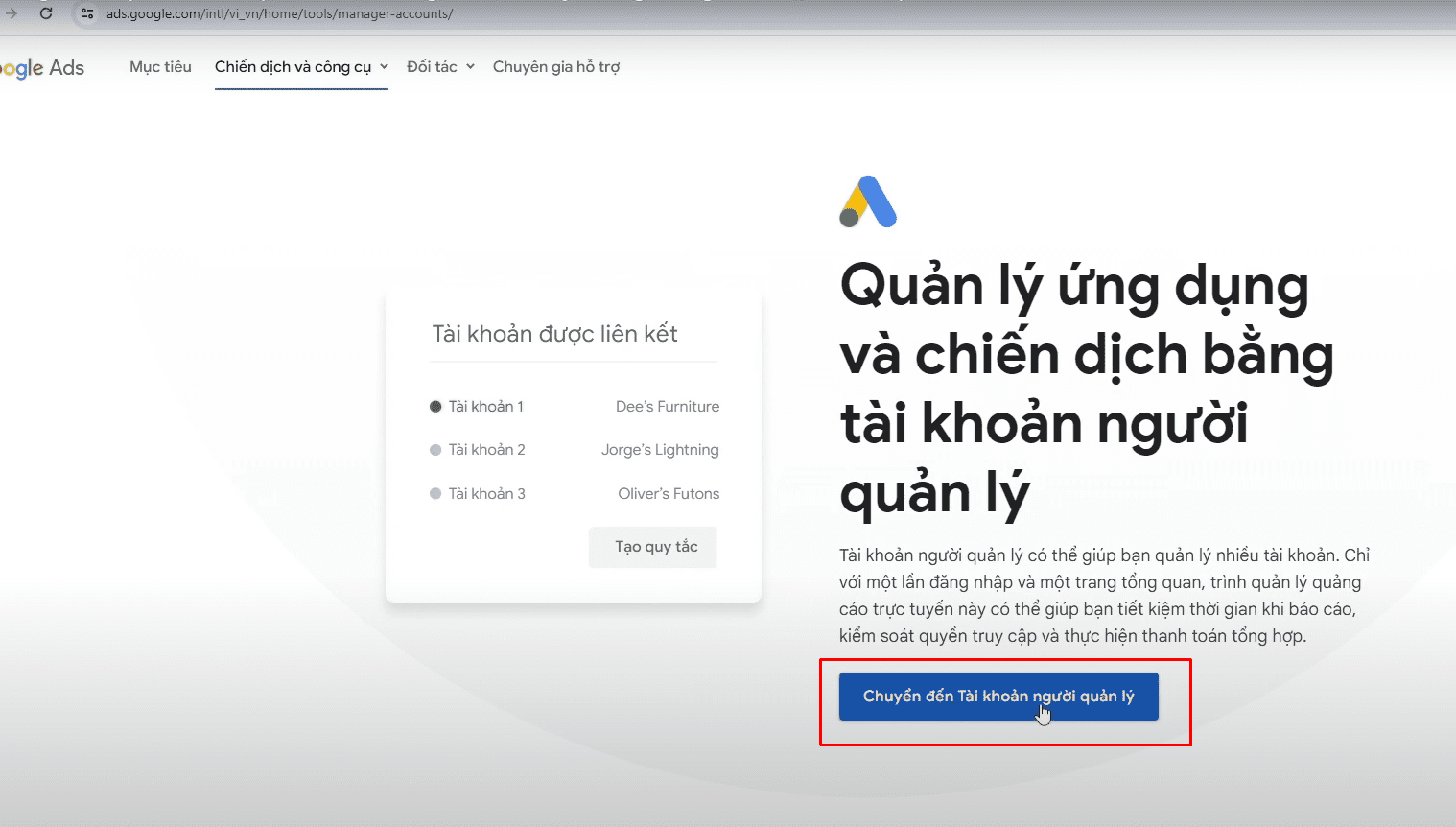 Bước 2: Tạo tài khoản Google Ads cho người quản lý