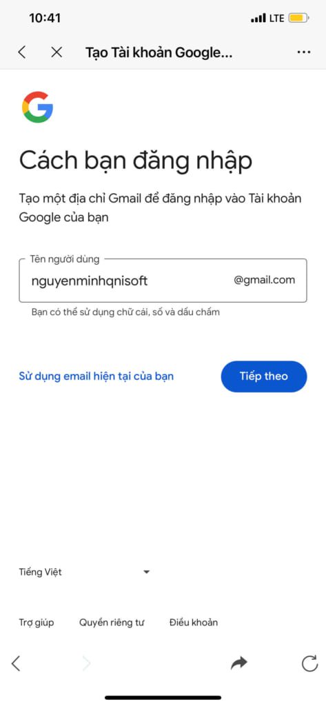 Nhập địa chỉ Gmail - Tạo tài khoản Gmail mới