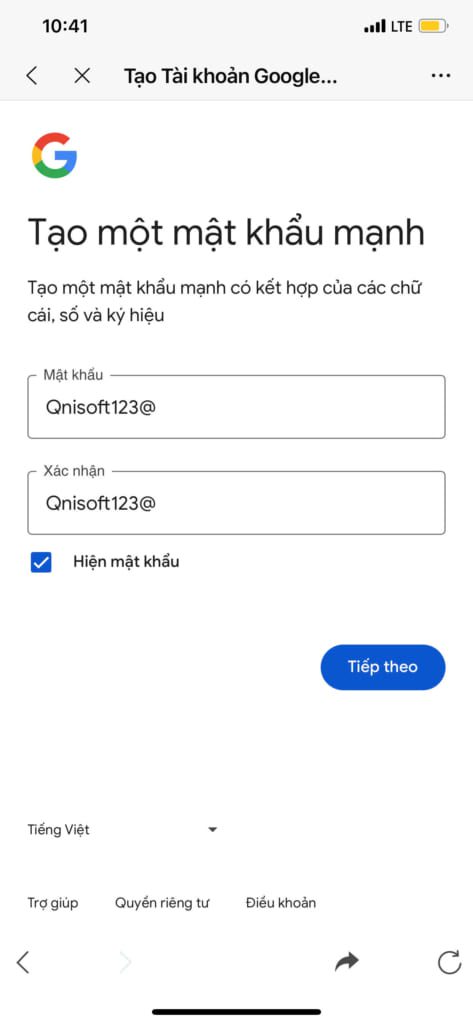 Nhập mật khẩu Gmail để tạo tài khoản Gmail mới