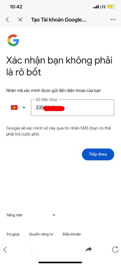 Nhập số điện thoại để tạo tài khoản Gmail mới