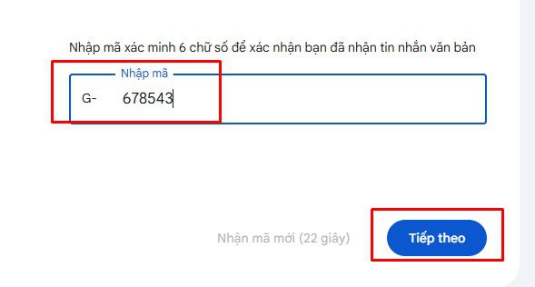 Nhập mã code để tạo tài khoản Gmail mới