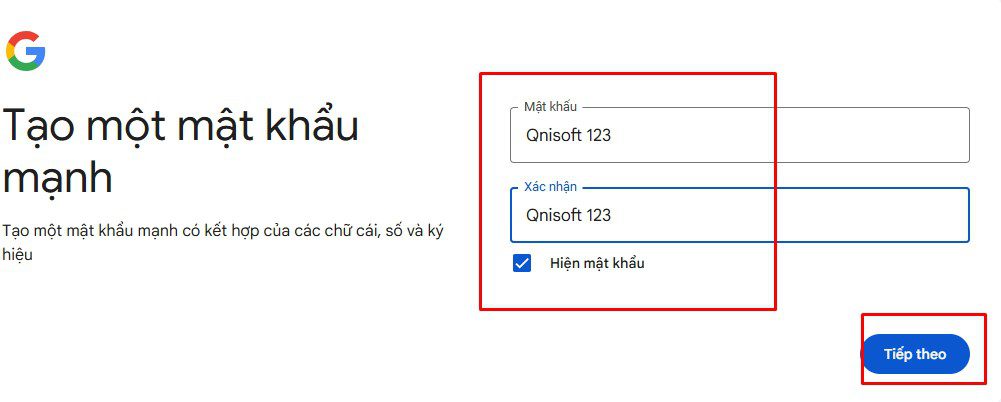 Nhập mật khẩu để tạo tài khoản Gmail mới