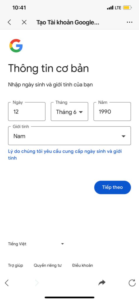 Nhập ngày tháng năm sinh để tạo tài khoản Gmail mới