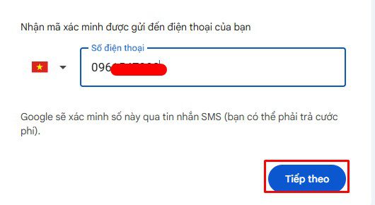 Điền số điện thoại để tạo tài khoản Gmail mới