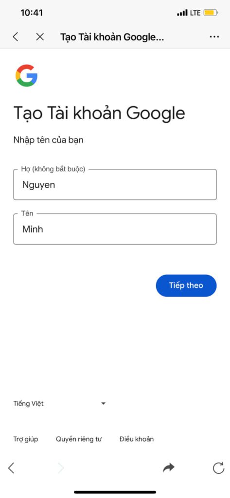 Nhập thông tin để tạo tài khoản Gmail mới