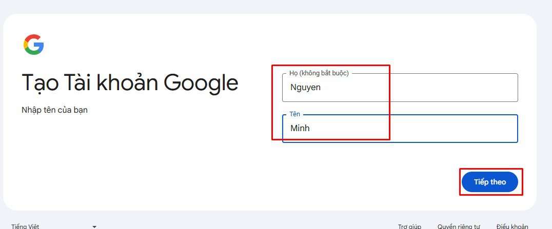 Điền thông tin để tạo tài khoản Gmail mới