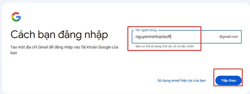 Nhập địa chỉ Email vào để tạo tài khoản Gmail mới