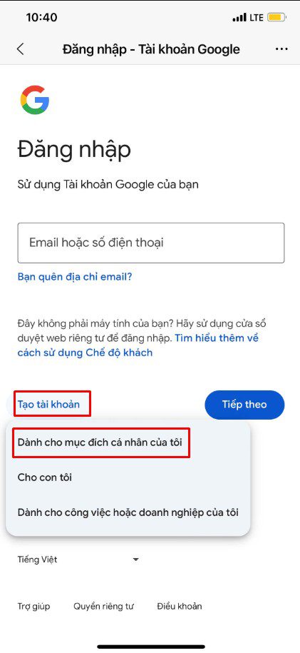 Chọn tạo tài khoản Gmail mới